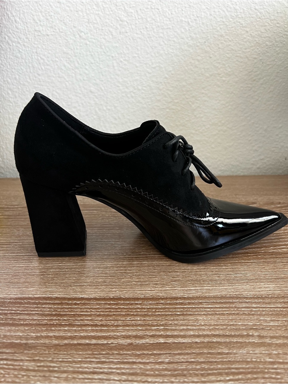 Black Lace-Up Pointed Block Heel Pumps